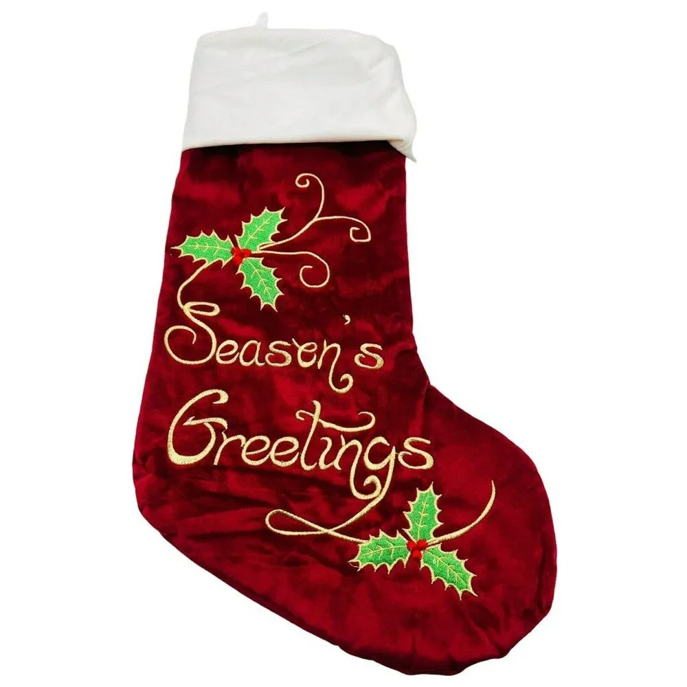 Seasons‎ Greetings Christmas Stocking Red 20 inch Lined Velour